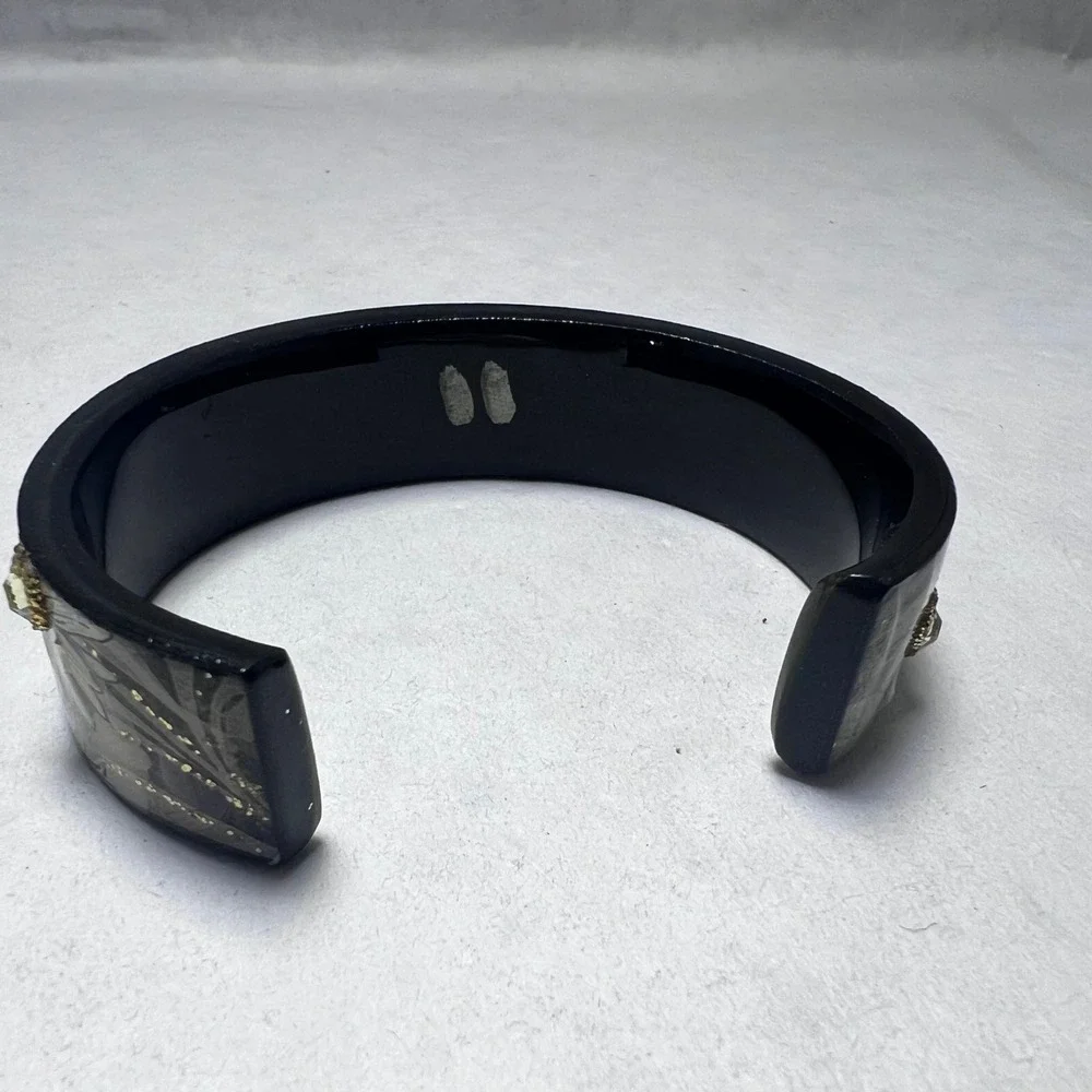 Set of 3 Resin Cuff Bracelets Panda Bear Floral Daisy Art Deco Black Wide Bangle